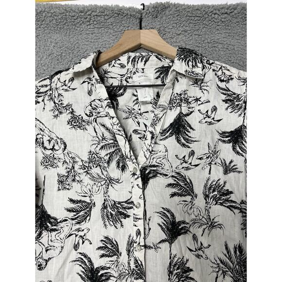 Joie Button Top Medium Linen Floral Animals Long Sleeve Roll Tab White Beach - Picture 2 of 14